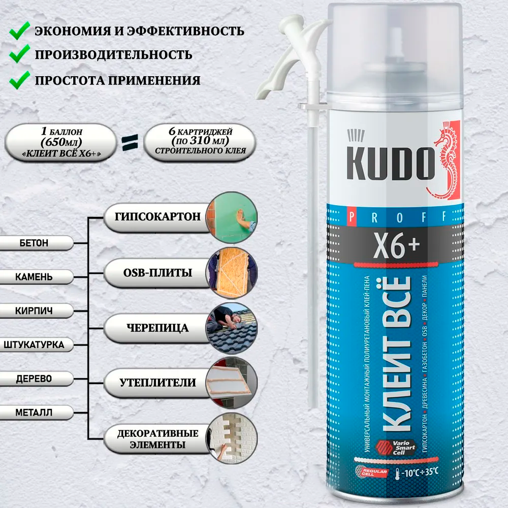 Клей-пена бытовая KUDO X6+ КЛЕИТ ВСЕ универсальная 650мл